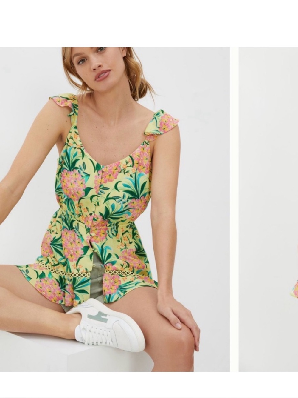 Farm Rio Anthropologie Yellow Floral Ruffle-Strap Cami